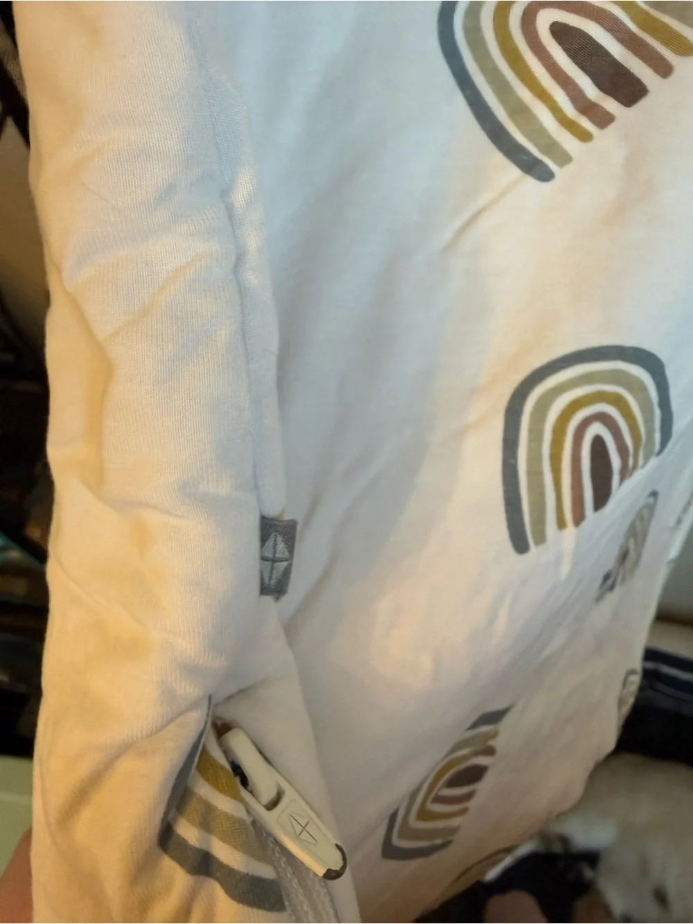 Kyte BABY White Sleep Sack with Tan & Gray Rainbow Print